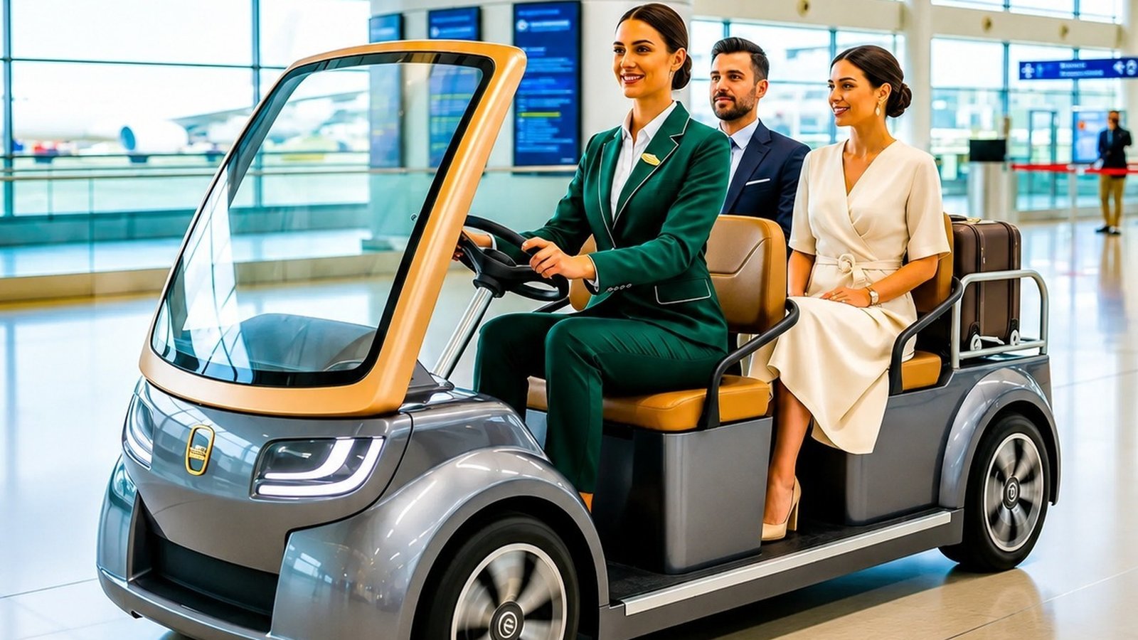 Electric passenger buggy cart for terminal transit with uniformed driver