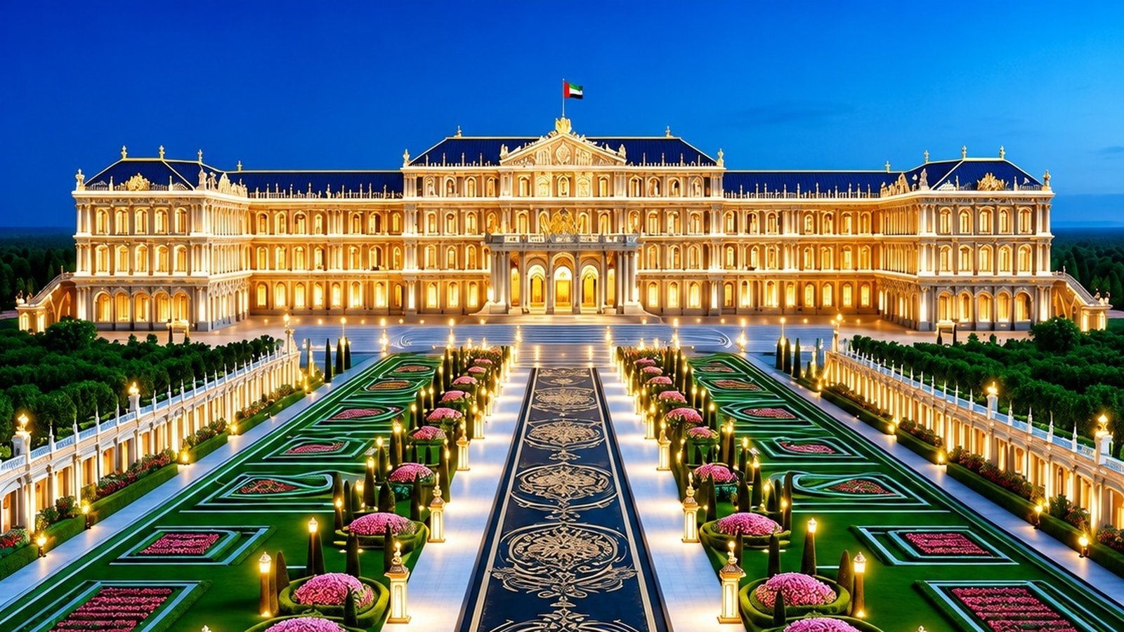 Illuminated luxury palace hotel estate and gardens for VIP transit guests