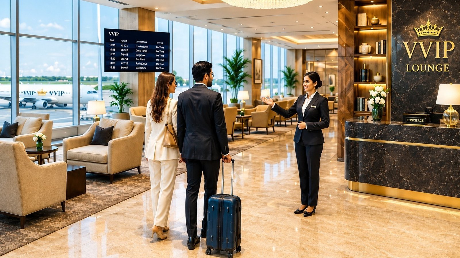 VVIP Lounge reception with chandelier, flight display board, and apron runway views