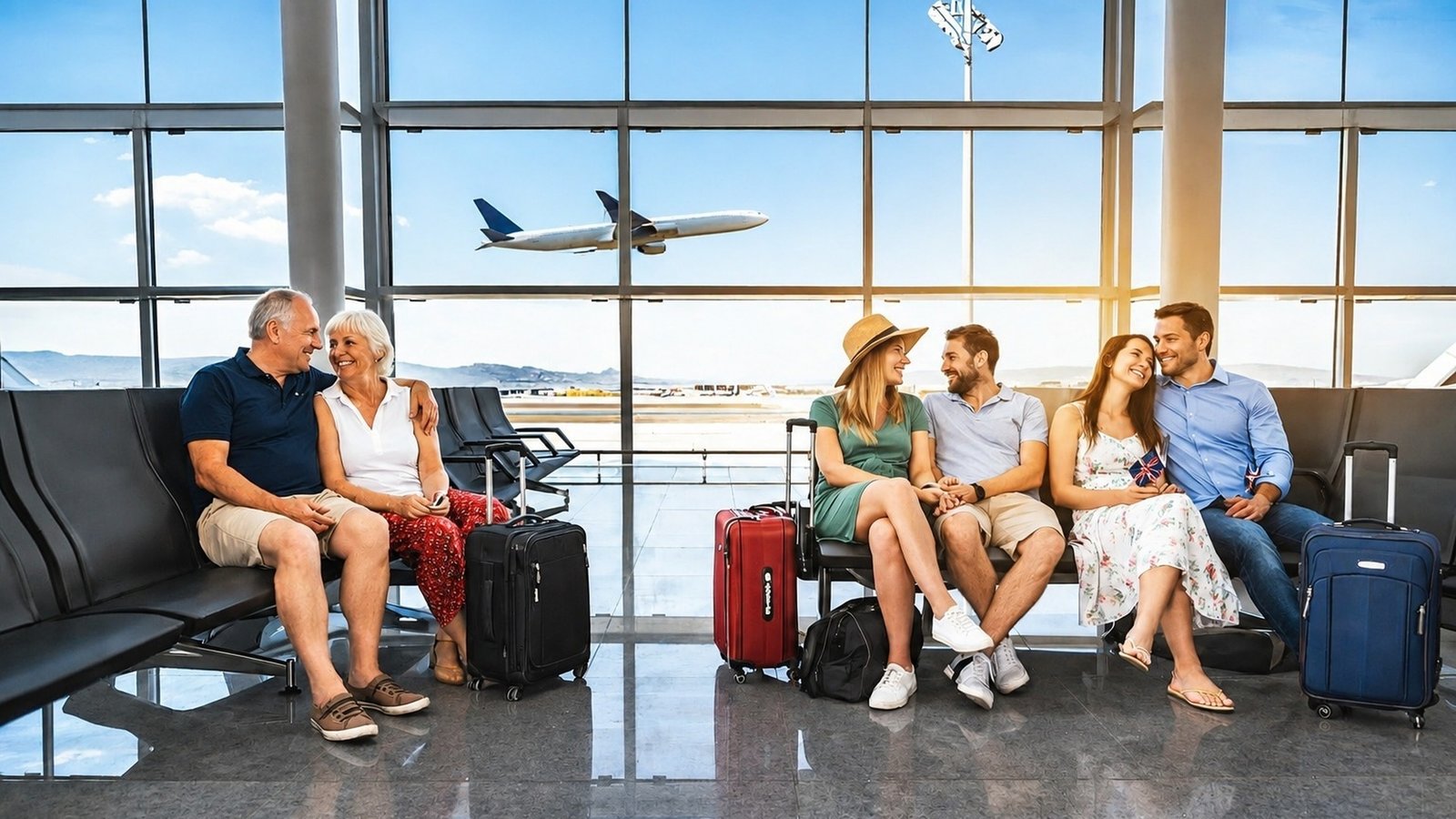 Family and travelers resting comfortably in transit lounge with runway aircraft views