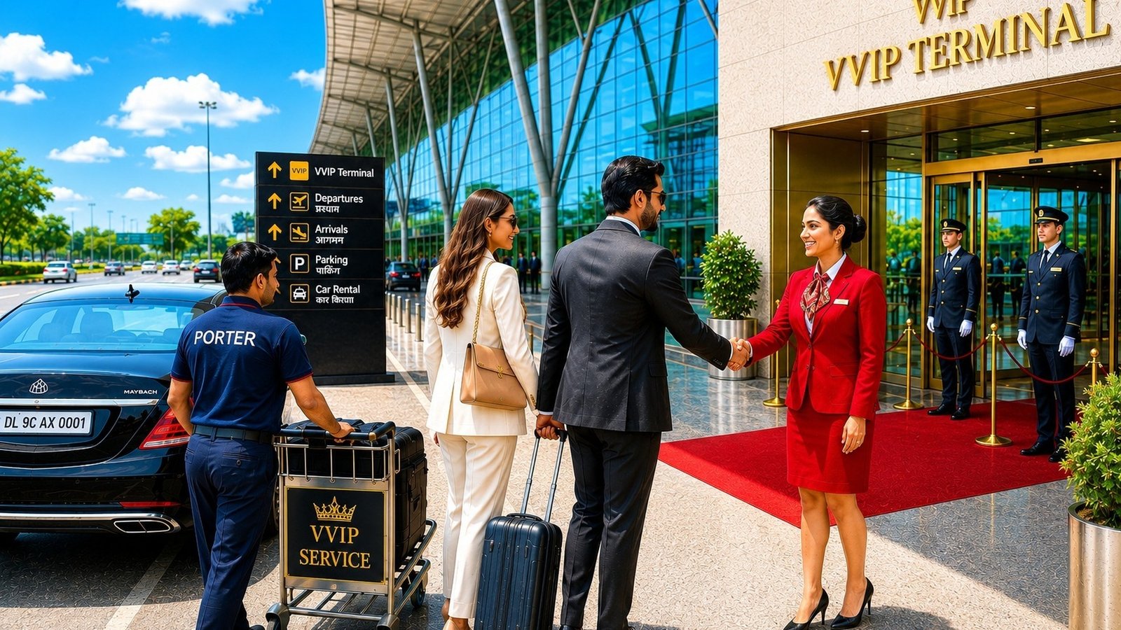 VVIP Terminal curbside reception with luxury Maybach sedan, red carpet, and dedicated baggage porter