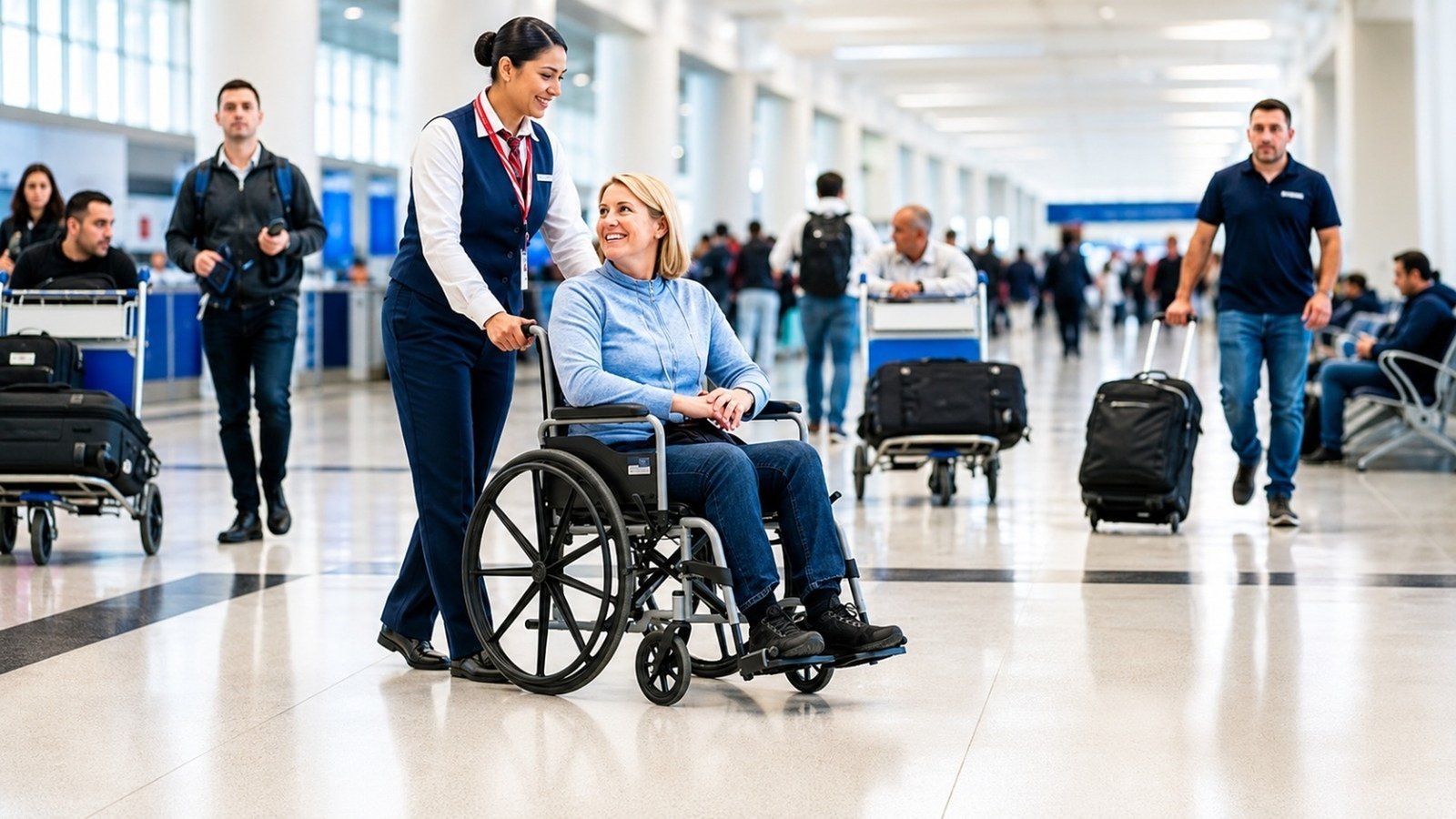 Wheelchair assistance passenger escorted through airport terminal concourse