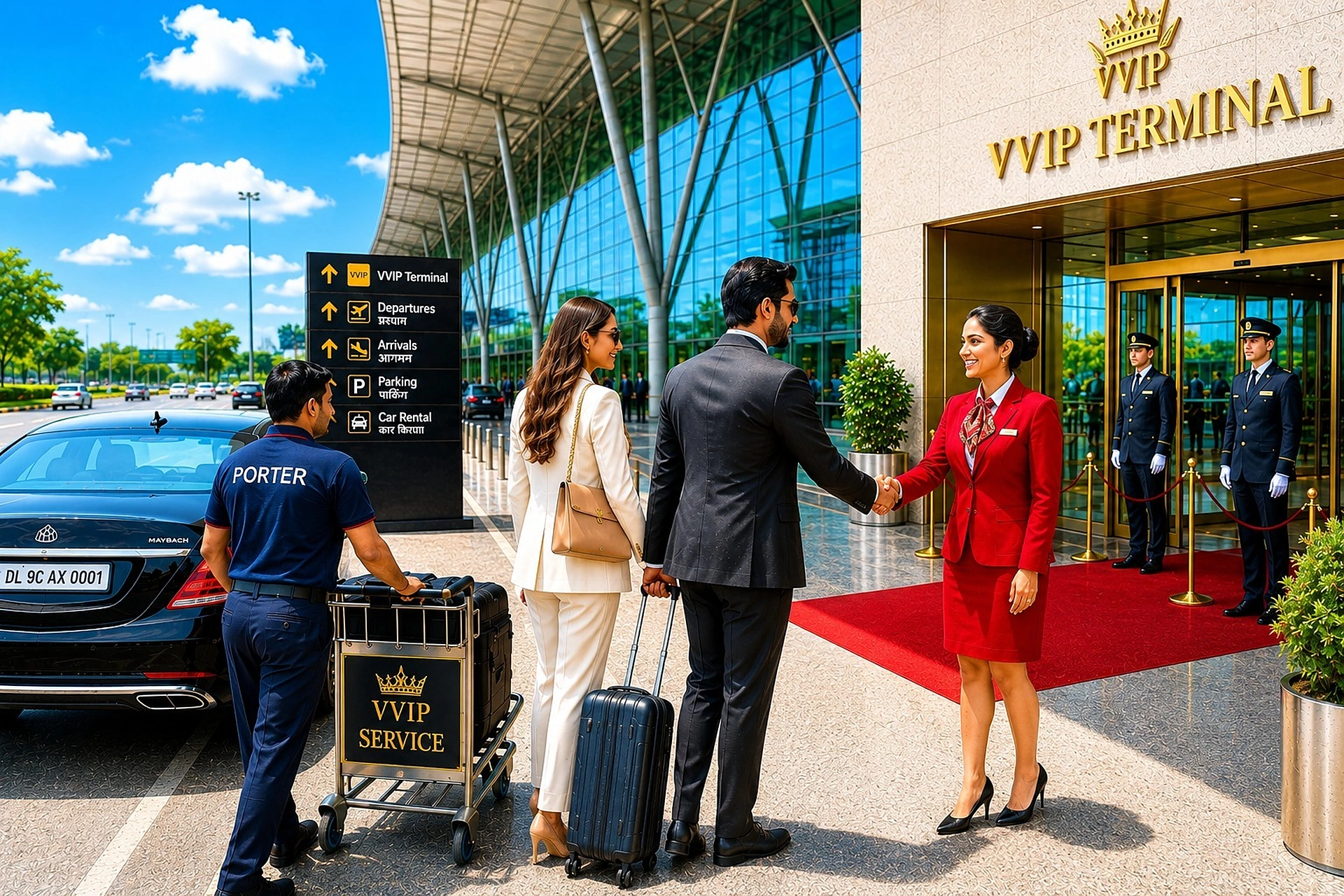 VVIP Terminal curbside greeting with luxury chauffeur, luggage porter, and red carpet reception