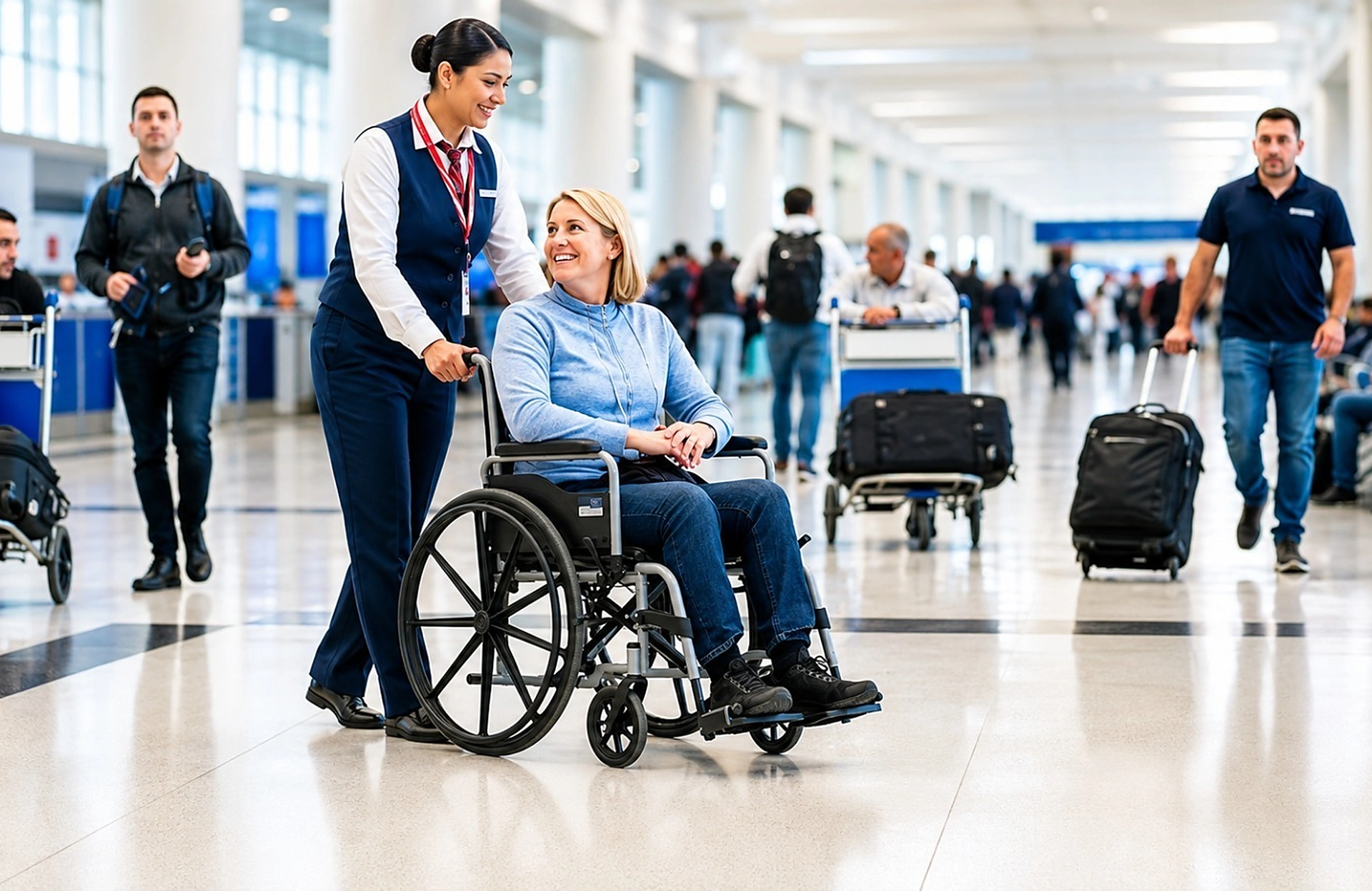 Personal concierge hostess providing wheelchair assistance and dedicated escort through arrival concourse