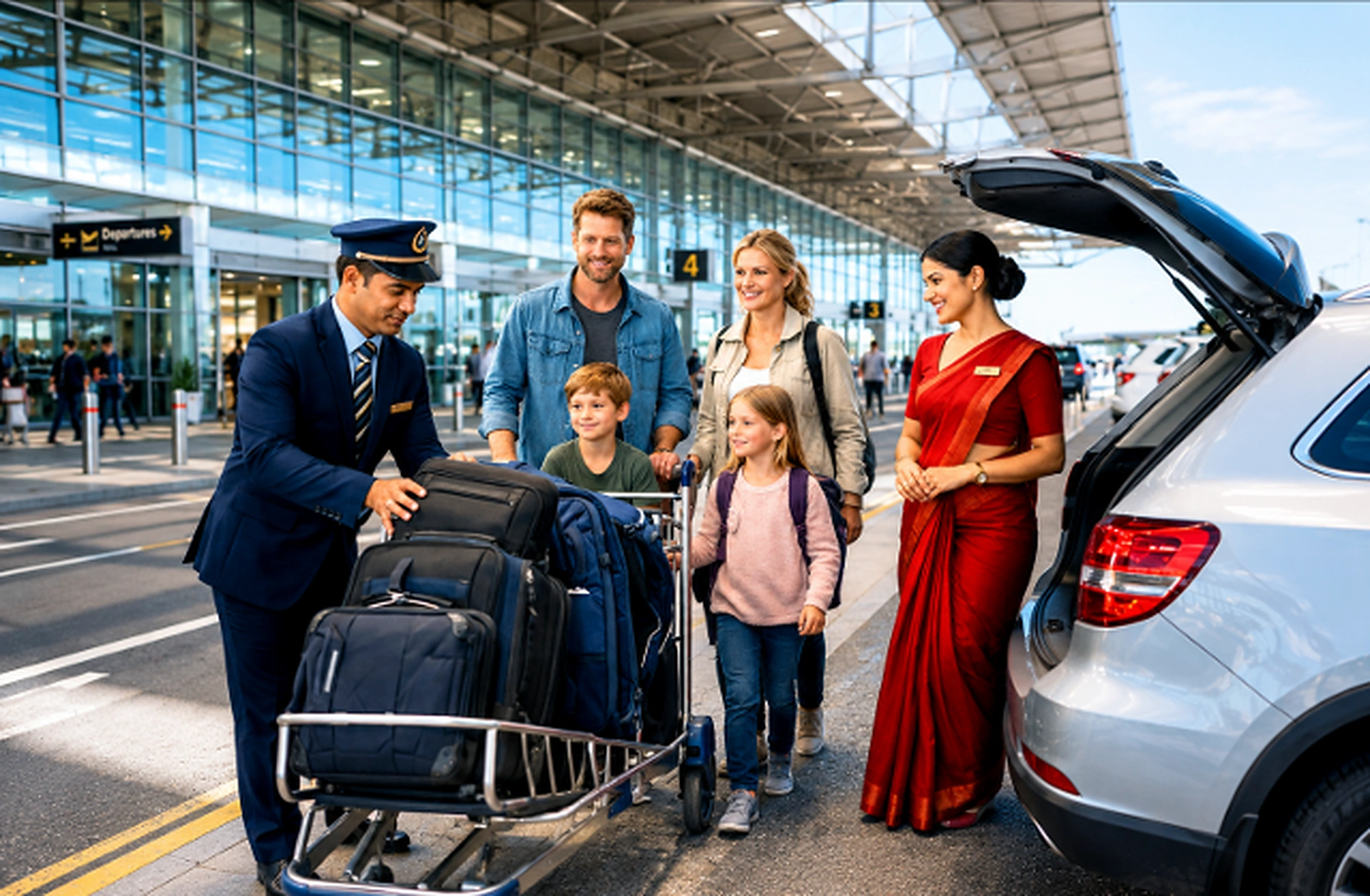Shafsky hostess in saree and uniformed chauffeur loading luggage trolley into vehicle trunk for arriving family outside terminal