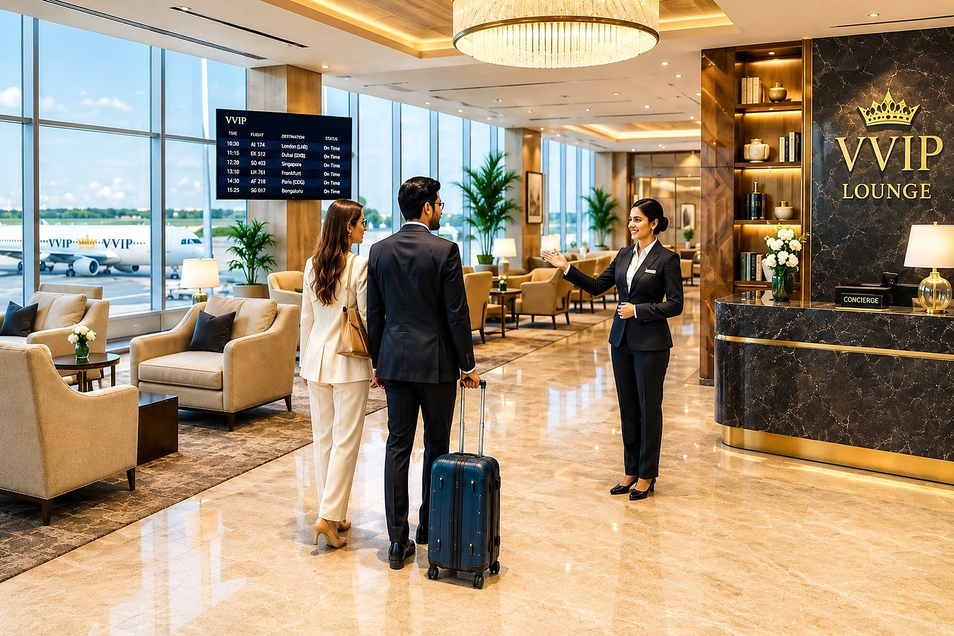 Exclusive VVIP lounge reception with flight display board and apron runway views