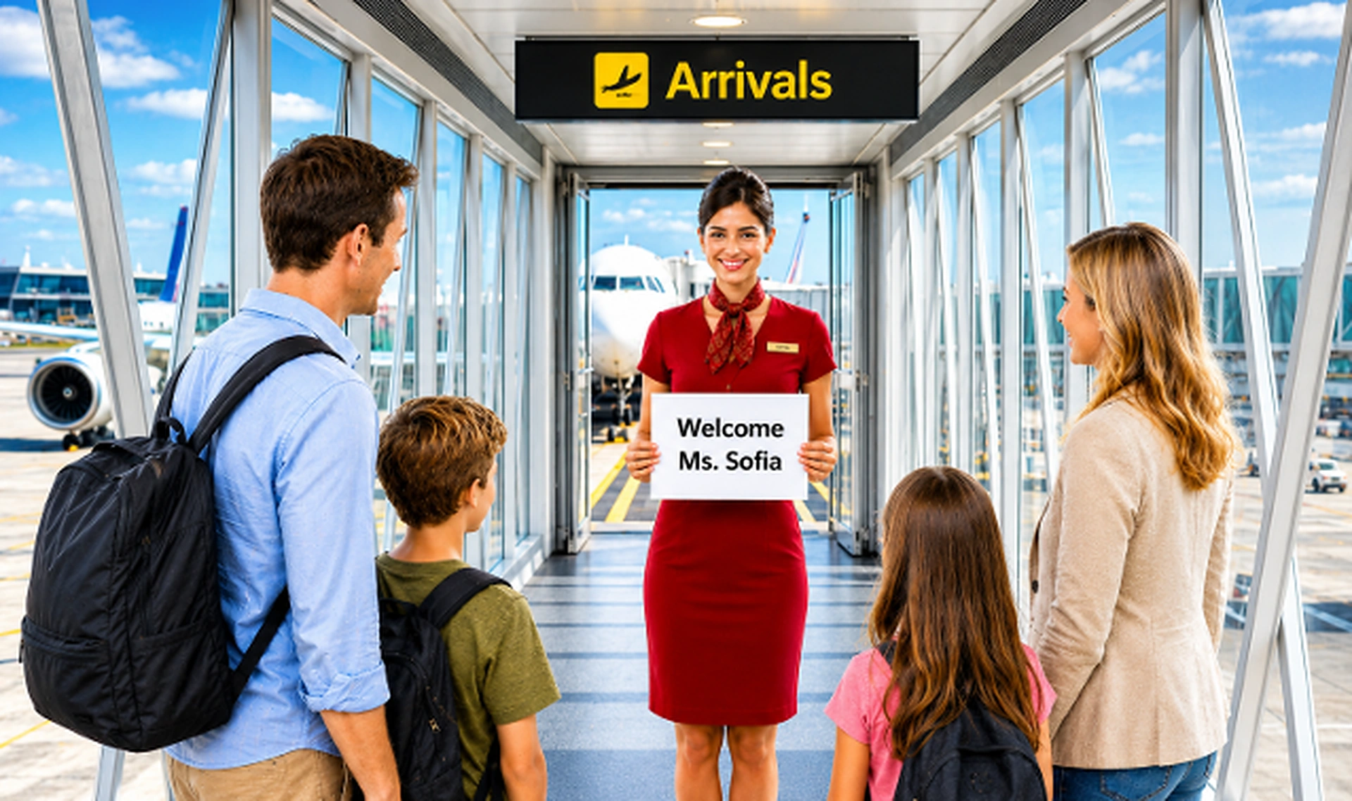 Dedicated guest relations officer welcoming arriving family at aerobridge exit with personalized name placard